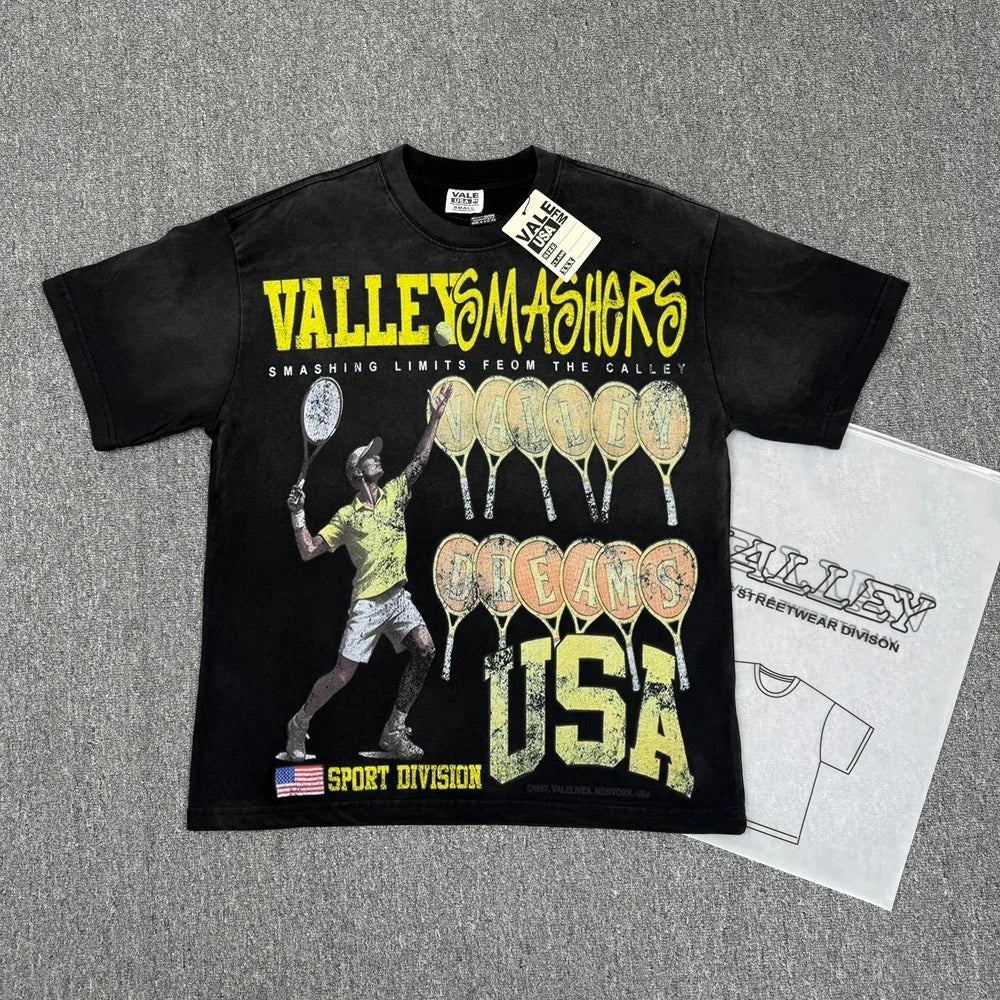 Vale/Valley American-Style Trendy Brand Direct-Print Washed Vintage Loose-Fit Pure Cotton Short-Sleeve T-Shirt for Men High-End Version