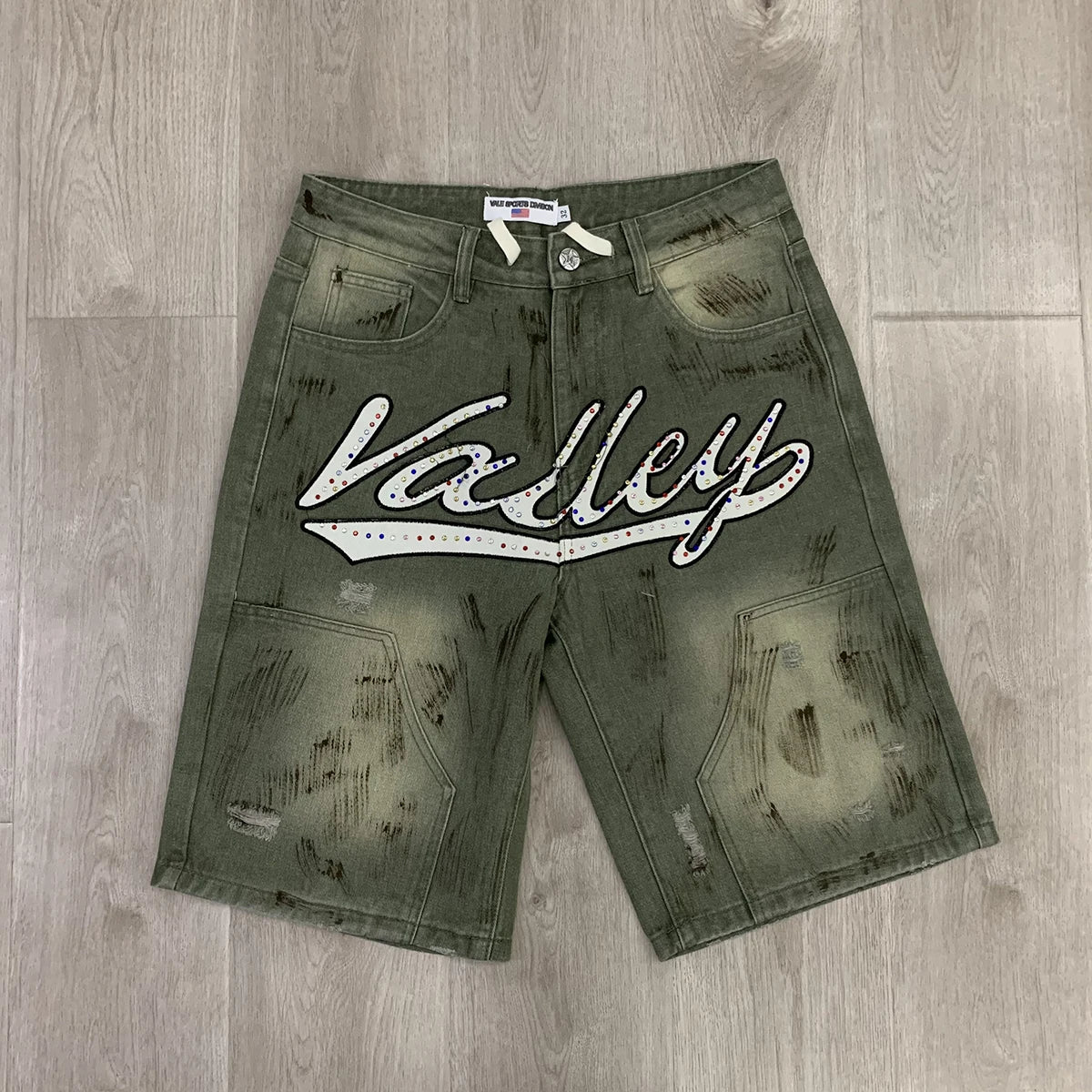Shinning Diamond Letter Embroidery Washed Jeans Shorts for Men and Women Vintage Baggy Rhinestone Baggy Denim Shorts Oversized