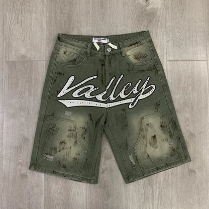 Shinning Diamond Letter Embroidery Washed Jeans Shorts for Men and Women Vintage Baggy Rhinestone Baggy Denim Shorts Oversized