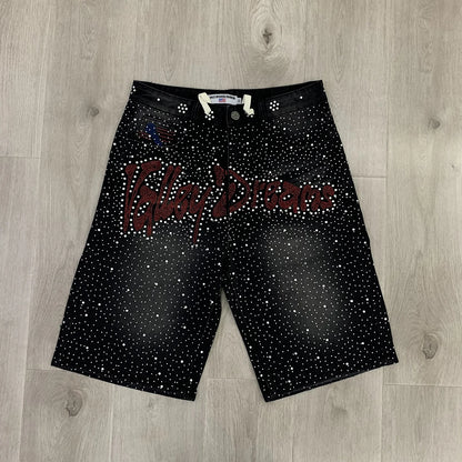 Shinning Diamond Letter Embroidery Washed Jeans Shorts for Men and Women Vintage Baggy Rhinestone Baggy Denim Shorts Oversized