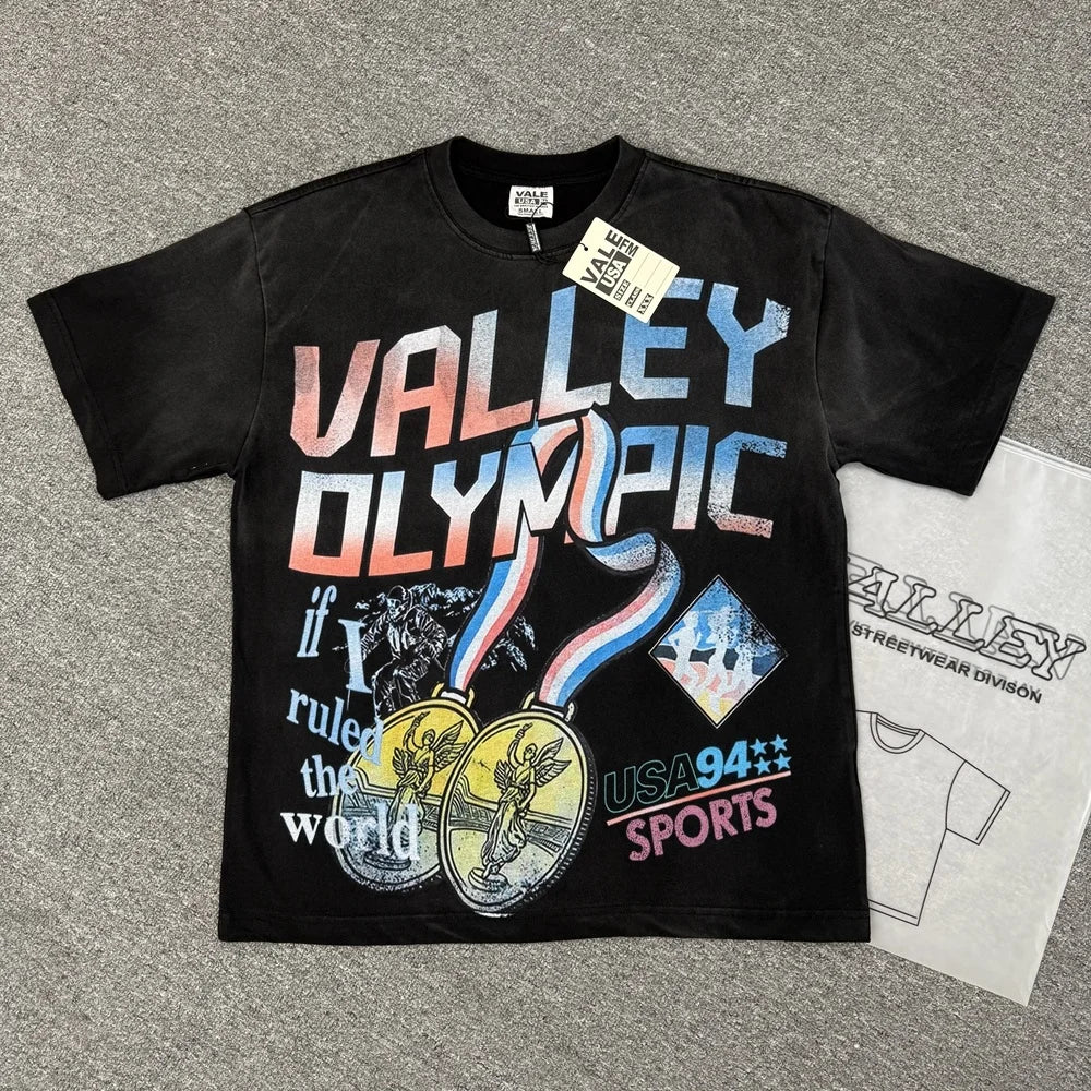 Vale/Valley American-Style Trendy Brand Direct-Print Washed Vintage Loose-Fit Pure Cotton Short-Sleeve T-Shirt for Men High-End Version
