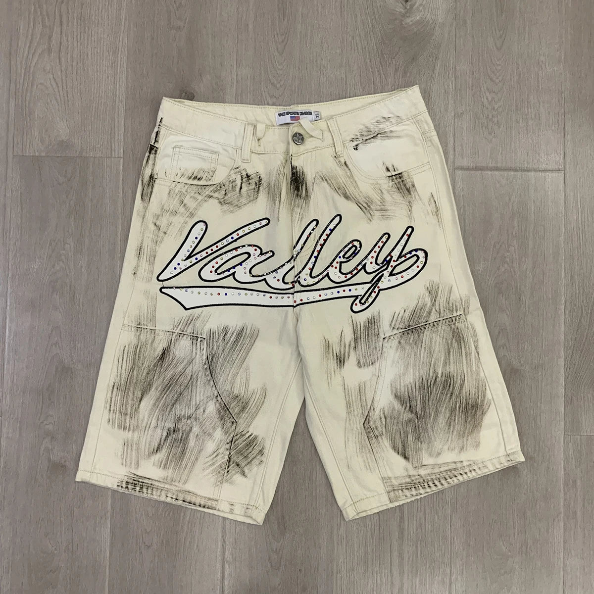 Shinning Diamond Letter Embroidery Washed Jeans Shorts for Men and Women Vintage Baggy Rhinestone Baggy Denim Shorts Oversized
