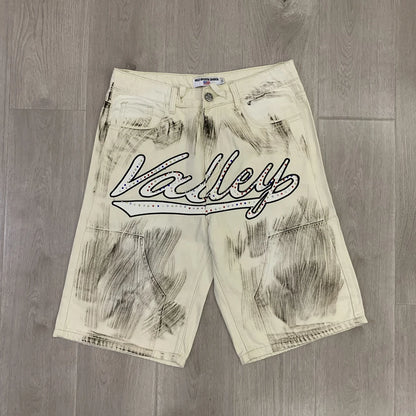 Shinning Diamond Letter Embroidery Washed Jeans Shorts for Men and Women Vintage Baggy Rhinestone Baggy Denim Shorts Oversized