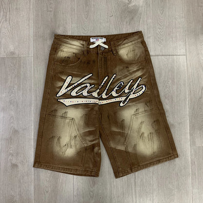 Shinning Diamond Letter Embroidery Washed Jeans Shorts for Men and Women Vintage Baggy Rhinestone Baggy Denim Shorts Oversized