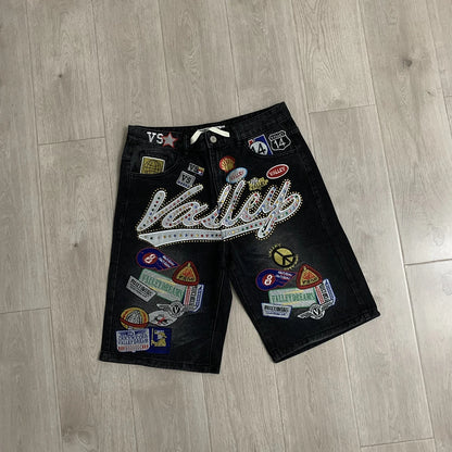 Shinning Diamond Letter Embroidery Washed Jeans Shorts for Men and Women Vintage Baggy Rhinestone Baggy Denim Shorts Oversized