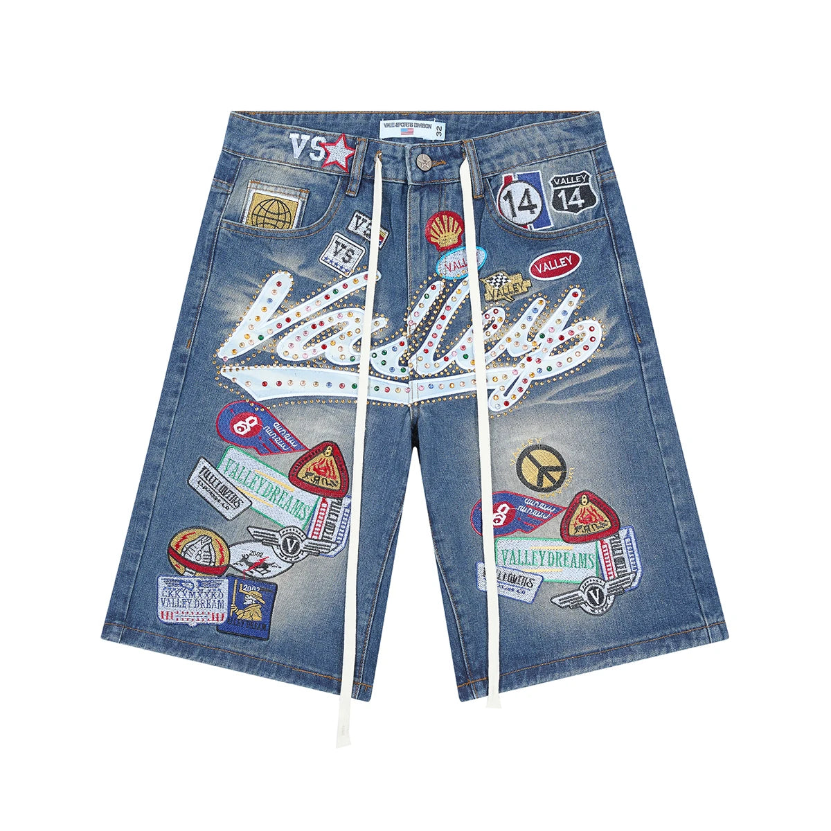 Shinning Diamond Letter Embroidery Washed Jeans Shorts for Men and Women Vintage Baggy Rhinestone Baggy Denim Shorts Oversized