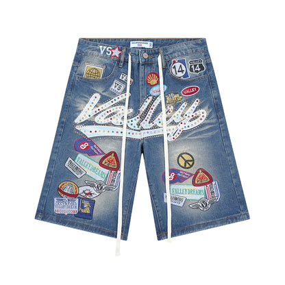 Shinning Diamond Letter Embroidery Washed Jeans Shorts for Men and Women Vintage Baggy Rhinestone Baggy Denim Shorts Oversized