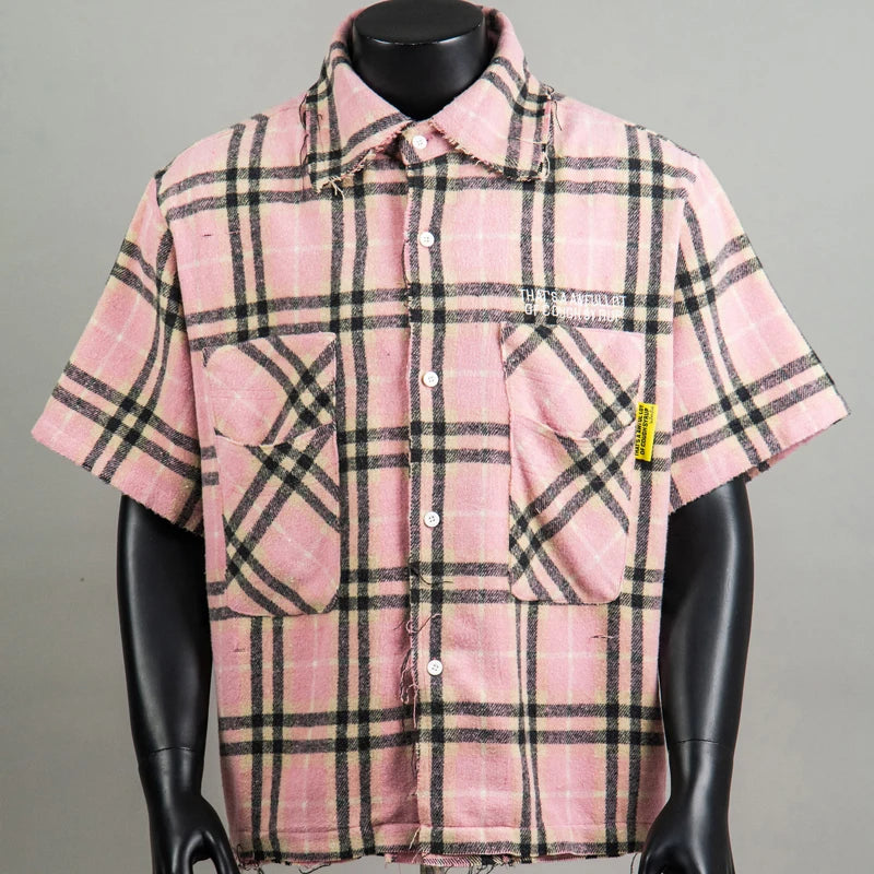 American Trend That'S a Awful Lot of Cough Syrup Short Sleeve Shirt Streetwear Distressed Flannel Pink Plaid Shirt Tops