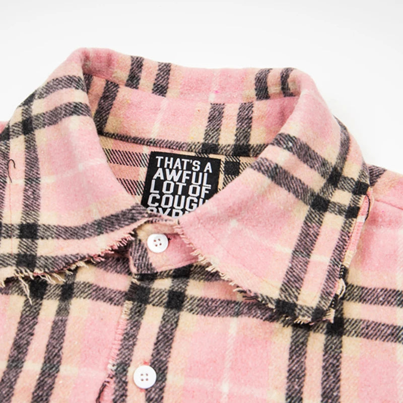 American Trend That'S a Awful Lot of Cough Syrup Short Sleeve Shirt Streetwear Distressed Flannel Pink Plaid Shirt Tops
