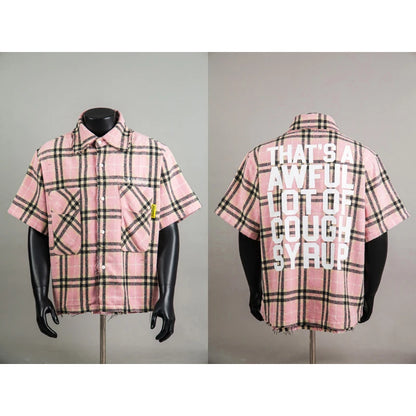 American Trend That'S a Awful Lot of Cough Syrup Short Sleeve Shirt Streetwear Distressed Flannel Pink Plaid Shirt Tops
