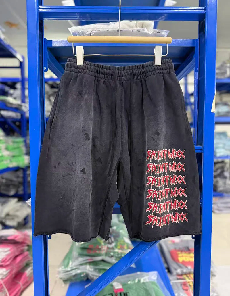 New Washed Black SAINT Shorts Men Woman Good Quality Vintage Letter Printing Oversize Casual Best Quality Joggers