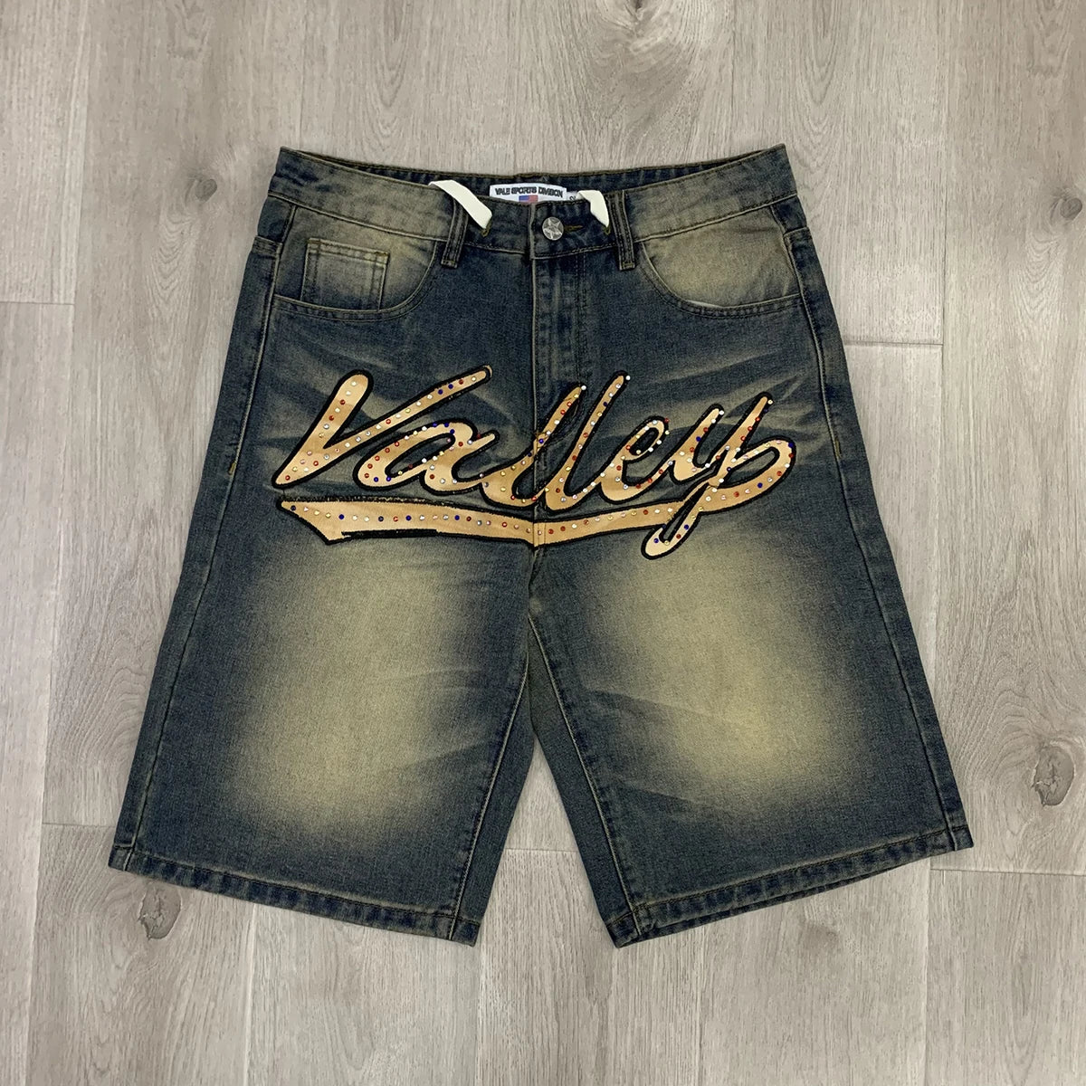 Shinning Diamond Letter Embroidery Washed Jeans Shorts for Men and Women Vintage Baggy Rhinestone Baggy Denim Shorts Oversized