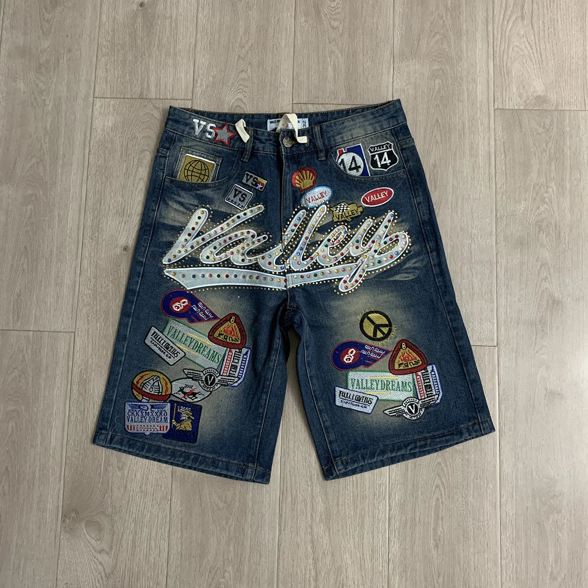 Shinning Diamond Letter Embroidery Washed Jeans Shorts for Men and Women Vintage Baggy Rhinestone Baggy Denim Shorts Oversized