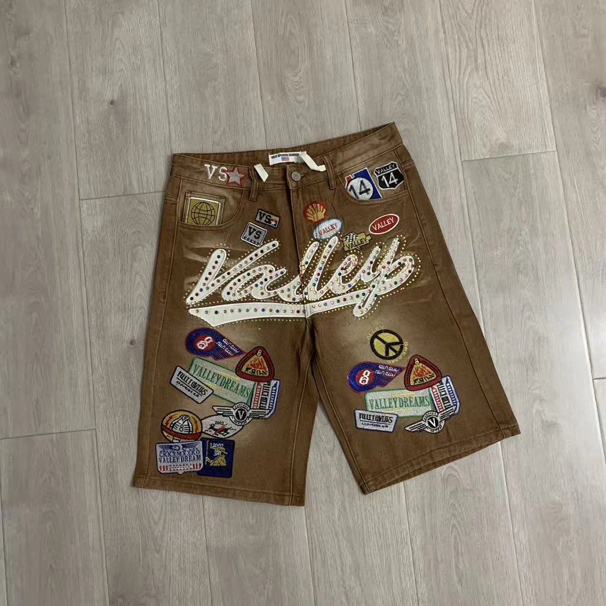 Shinning Diamond Letter Embroidery Washed Jeans Shorts for Men and Women Vintage Baggy Rhinestone Baggy Denim Shorts Oversized