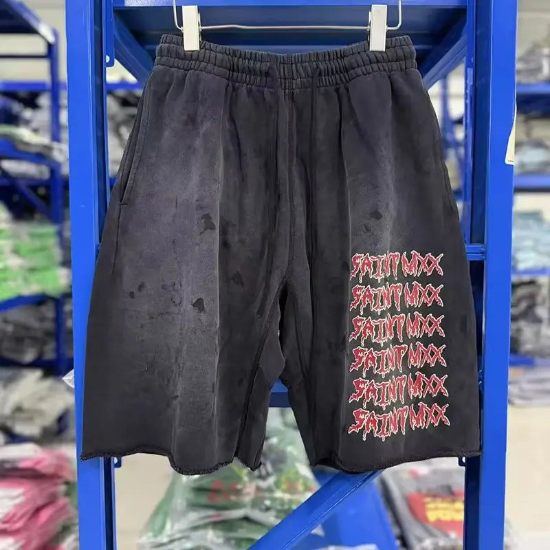New Washed Black SAINT Shorts Men Woman Good Quality Vintage Letter Printing Oversize Casual Best Quality Joggers