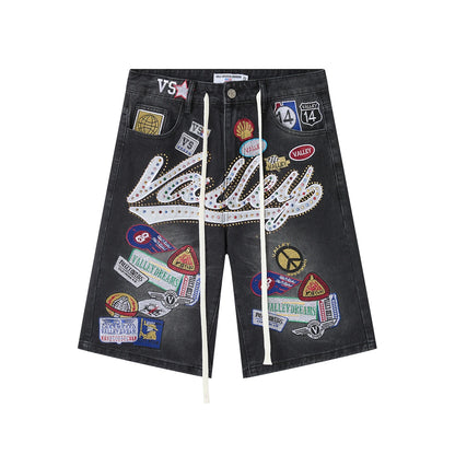Shinning Diamond Letter Embroidery Washed Jeans Shorts for Men and Women Vintage Baggy Rhinestone Baggy Denim Shorts Oversized
